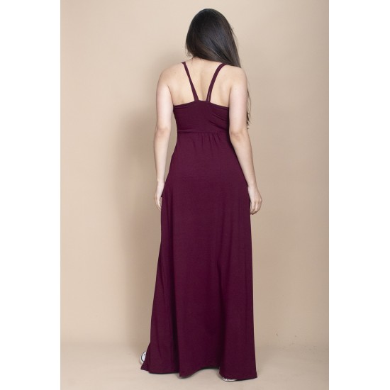 Vestido Longo Jambo Malha Aberturas Bordô