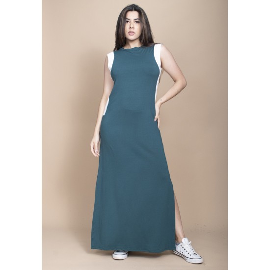 Vestido Longo Malha Verde com Detalhes Branco 