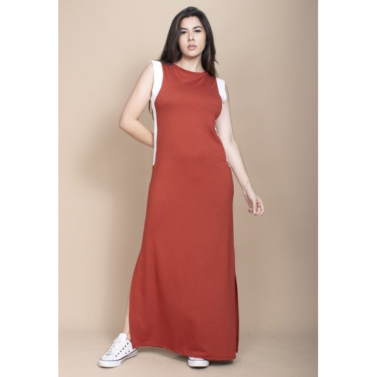 Vestido Longo Malha Laranja com Detalhes Branco 