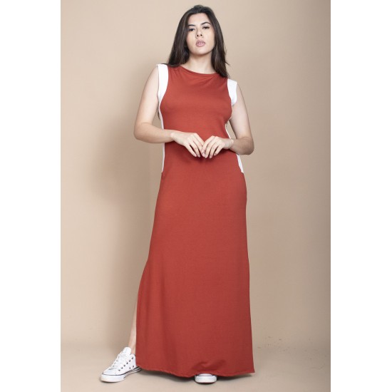 Vestido Longo Malha Laranja com Detalhes Branco 