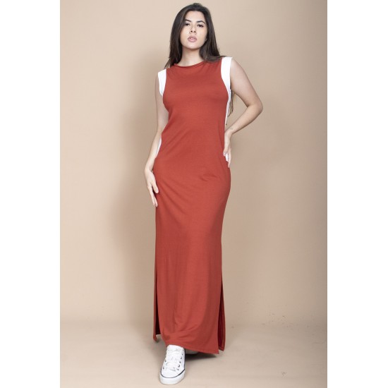 Vestido Longo Malha Laranja com Detalhes Branco 