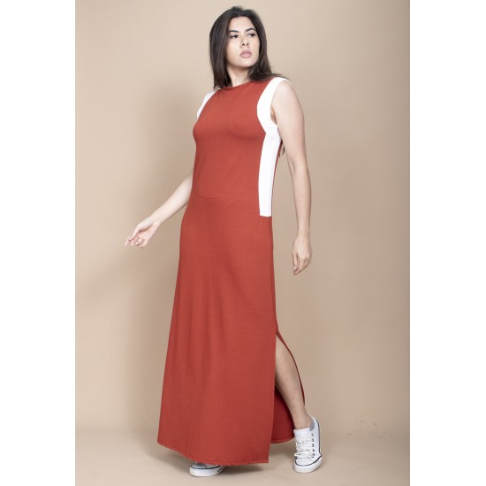 Vestido Longo Malha Laranja com Detalhes Branco 