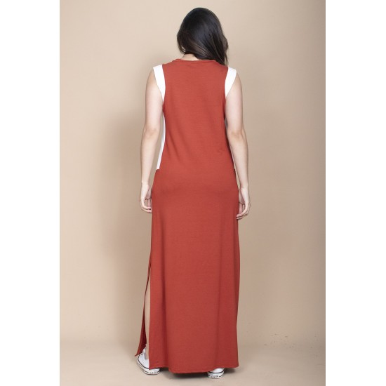 Vestido Longo Malha Laranja com Detalhes Branco 