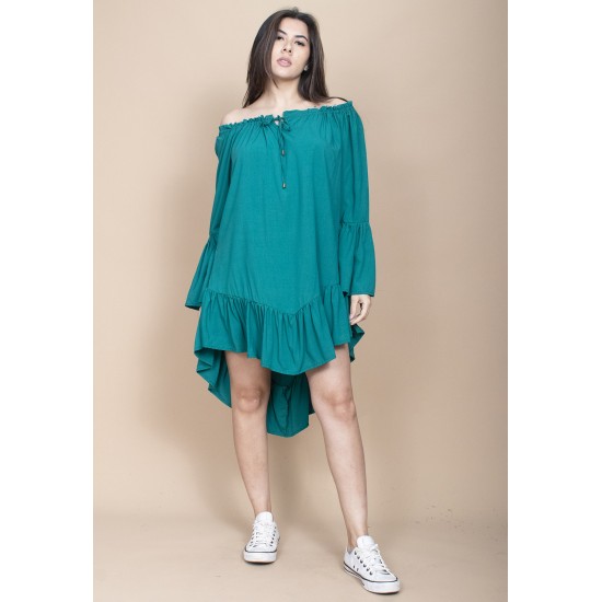 Vestido Curto Viscose Com Babados Verde