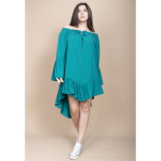 Vestido Curto Viscose Com Babados Verde