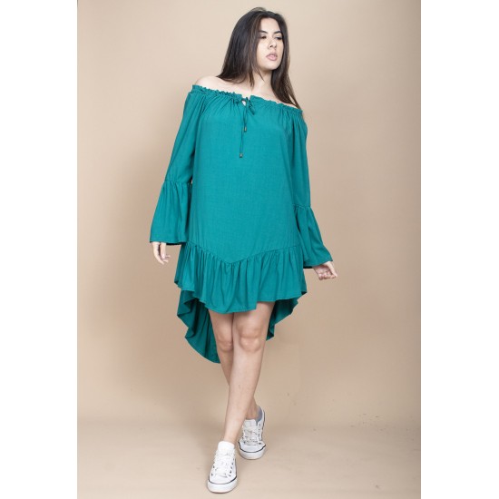Vestido Curto Viscose Com Babados Verde