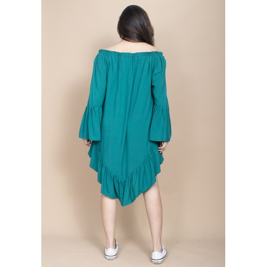 Vestido Curto Viscose Com Babados Verde