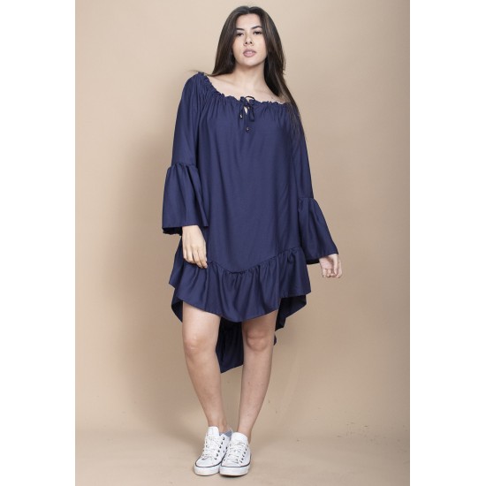 Vestido Curto Viscose Com Babados Azul Marinho