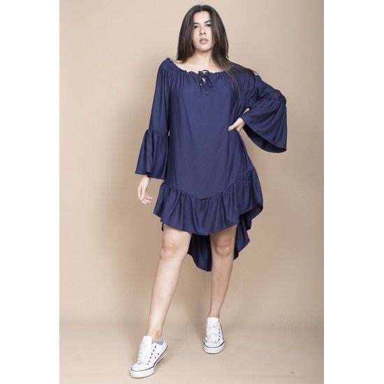 Vestido Curto Viscose Com Babados Azul Marinho