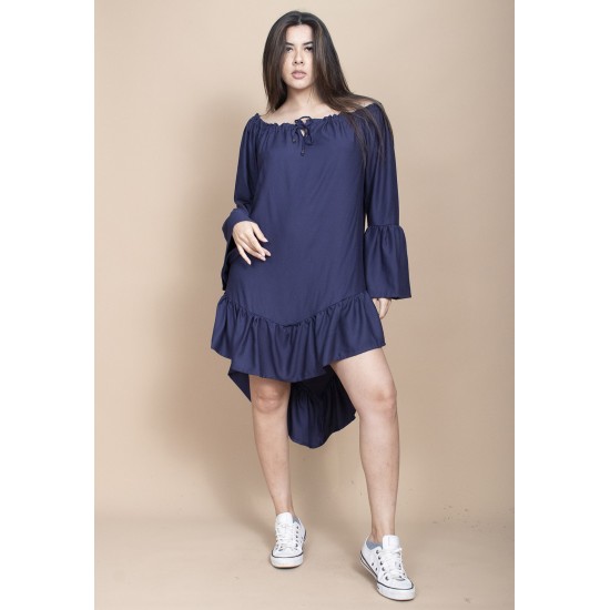 Vestido Curto Viscose Com Babados Azul Marinho