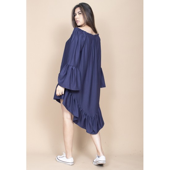 Vestido Curto Viscose Com Babados Azul Marinho