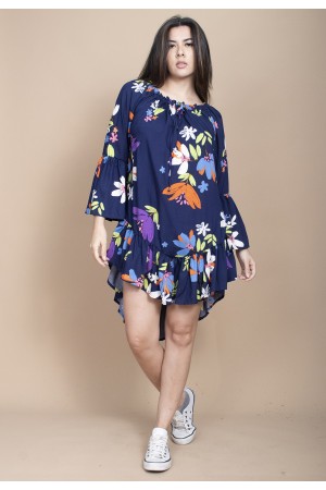Vestido Curto Viscose Com Babados Estampa Festa das Flores Azul