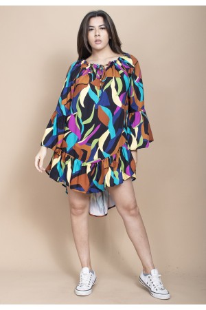 Vestido Curto Viscose Com Babados Estampa Aurora Urbana