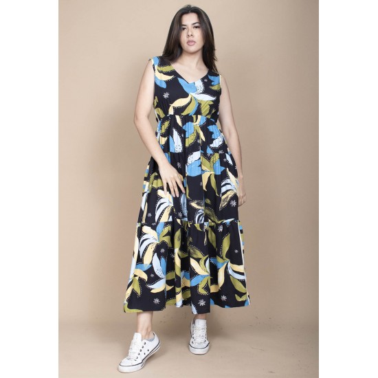 Vestido Regata Longo Peri Viscose Camadas Estampa Jardim Noturno