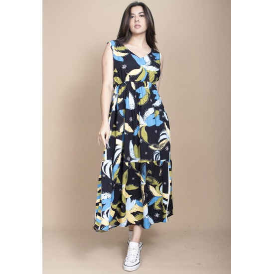 Vestido Regata Longo Peri Viscose Camadas Estampa Jardim Noturno