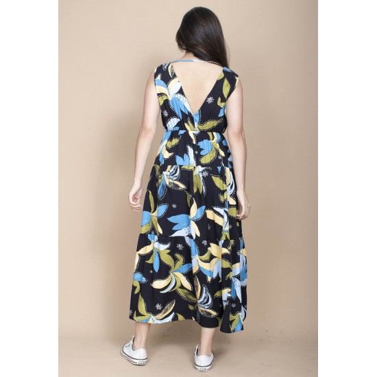 Vestido Regata Longo Peri Viscose Camadas Estampa Jardim Noturno