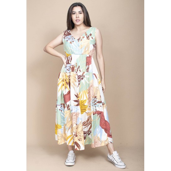 Vestido Regata Longo Peri Viscose Camadas Estampa Aurora Suave