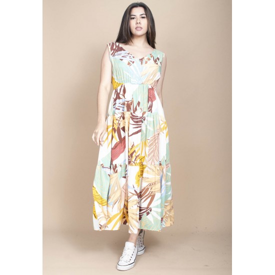 Vestido Regata Longo Peri Viscose Camadas Estampa Aurora Suave