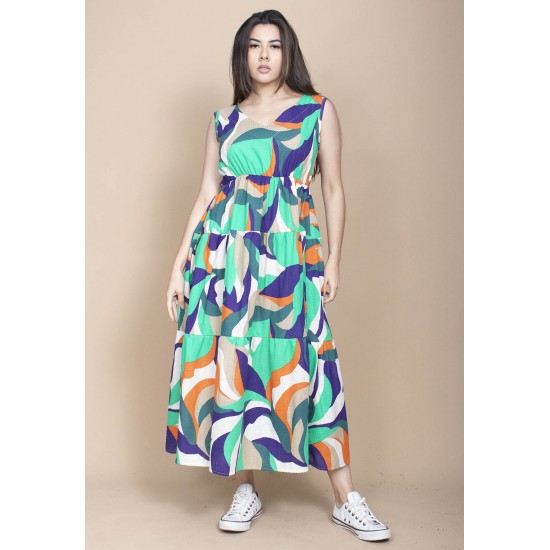 Vestido Regata Longo Peri Viscose Camadas Estampa Brisa do Mar