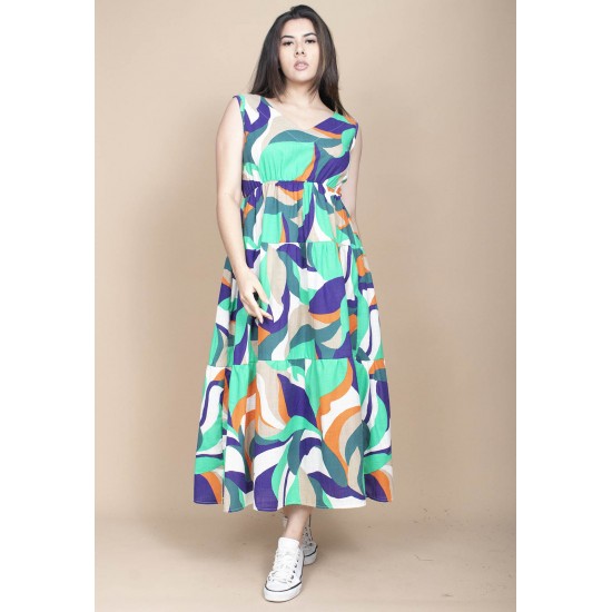 Vestido Regata Longo Peri Viscose Camadas Estampa Brisa do Mar