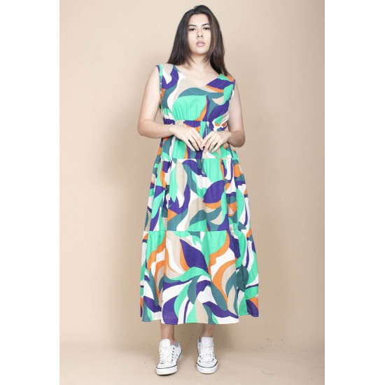 Vestido Regata Longo Peri Viscose Camadas Estampa Brisa do Mar