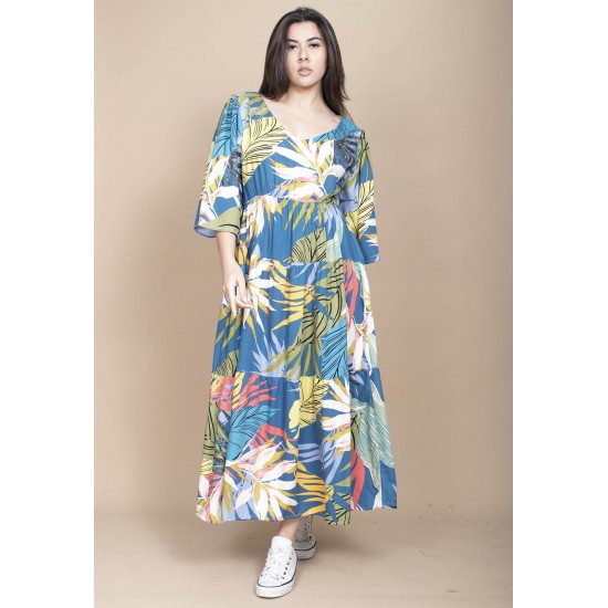 Vestido Longo Plano com Manga e Camadas Estampa Brisa Botãnica