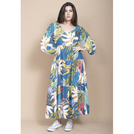 Vestido Longo Plano com Manga e Camadas Estampa Brisa Botãnica