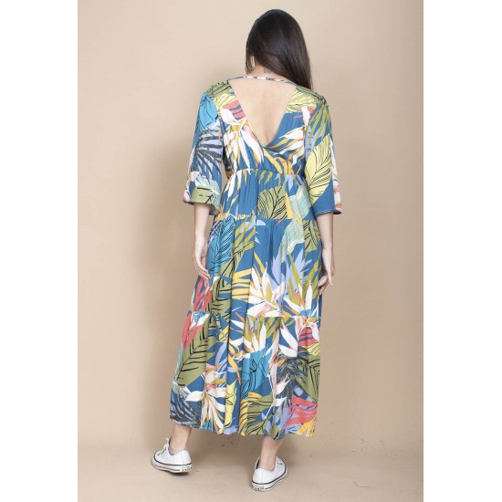 Vestido Longo Plano com Manga e Camadas Estampa Brisa Botãnica