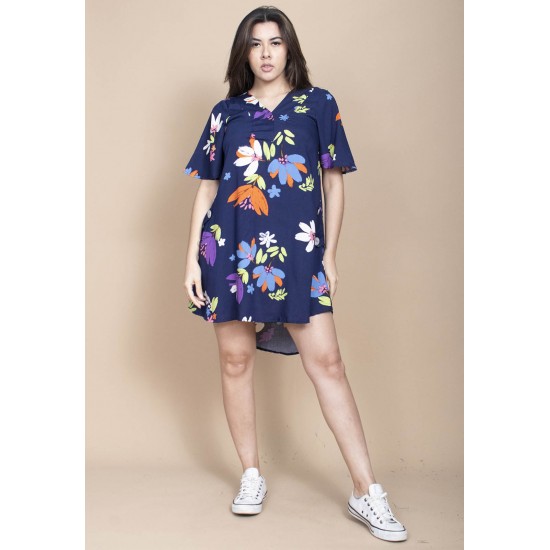 Vestido Curto Pataxô Viscose Mullet Decote V Estampa Festa das Flores