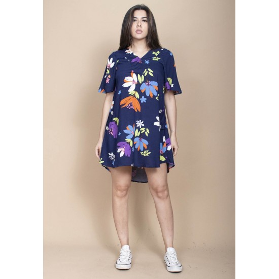 Vestido Curto Pataxô Viscose Mullet Decote V Estampa Festa das Flores