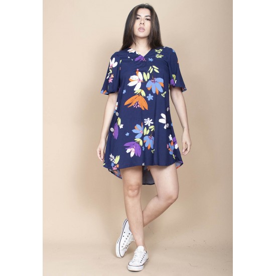 Vestido Curto Pataxô Viscose Mullet Decote V Estampa Festa das Flores