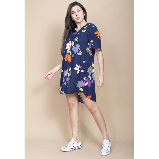 Vestido Curto Pataxô Viscose Mullet Decote V Estampa Festa das Flores
