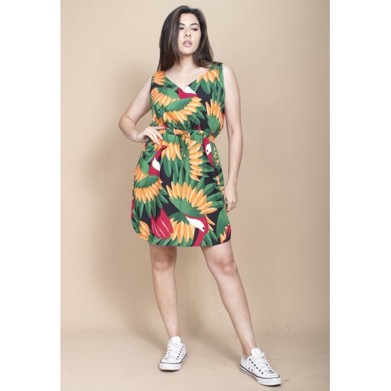 Vestido Plano Curto Estampa Festa dos Tucanos