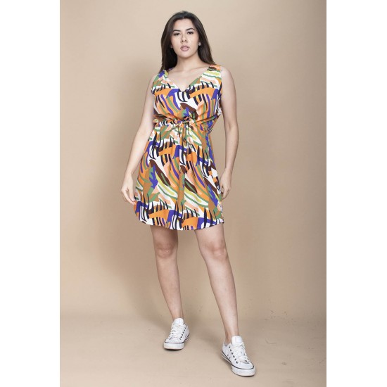 Vestido Plano Curto Estampa Cores Vibrantes