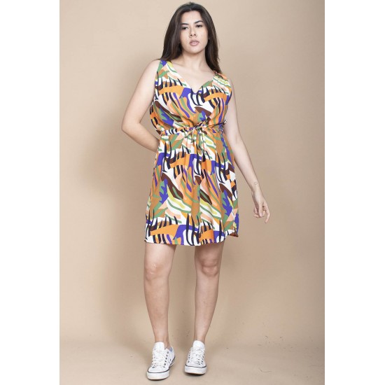 Vestido Plano Curto Estampa Cores Vibrantes
