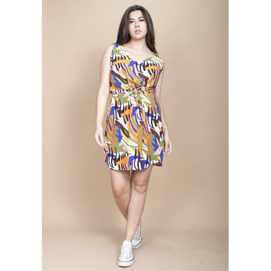 Vestido Plano Curto Estampa Cores Vibrantes