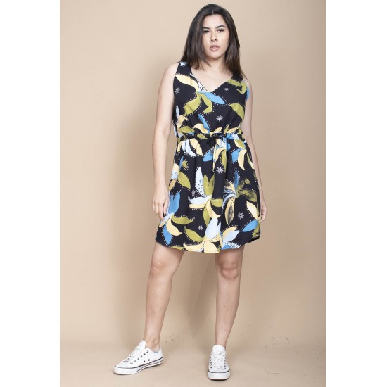 Vestido Plano Curto Estampa Jardim Noturno