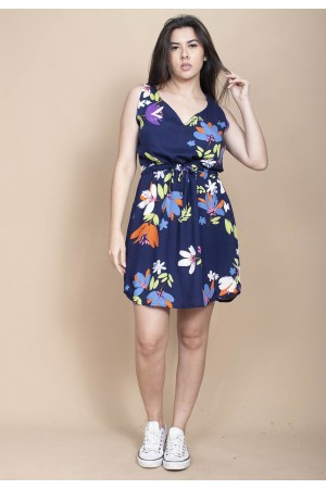 Vestido Plano Curto Estampa Festa das Flores Azul