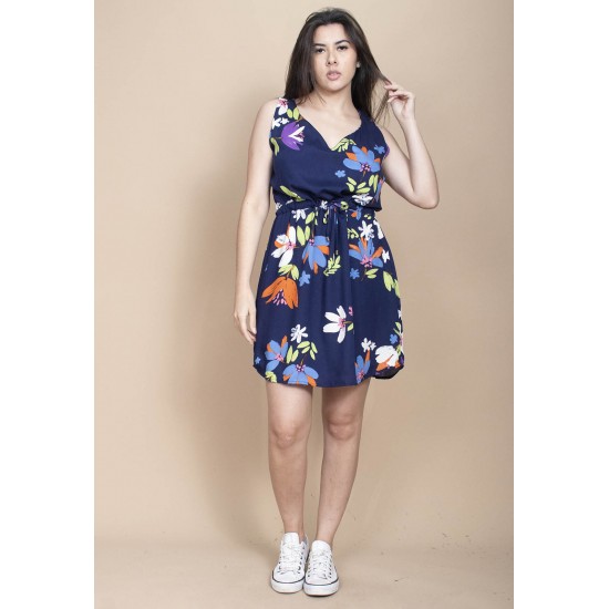 Vestido Plano Curto Estampa Festa das Flores Azul