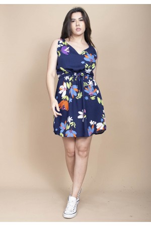 Vestido Plano Curto Estampa Festa das Flores Azul