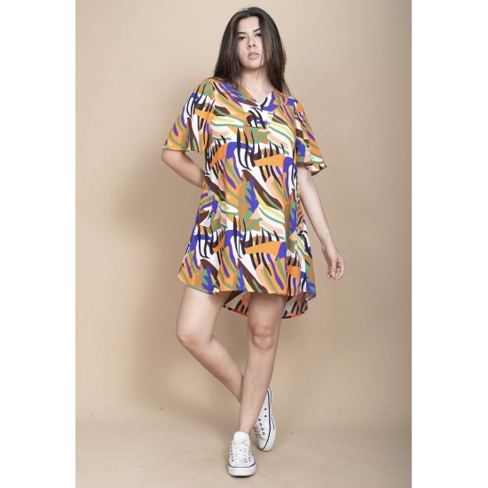 Vestido Curto Pataxô Viscose Mullet Decote V Estampa Cores Vibrante