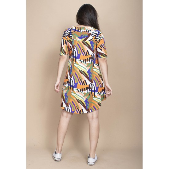 Vestido Curto Pataxô Viscose Mullet Decote V Estampa Cores Vibrante