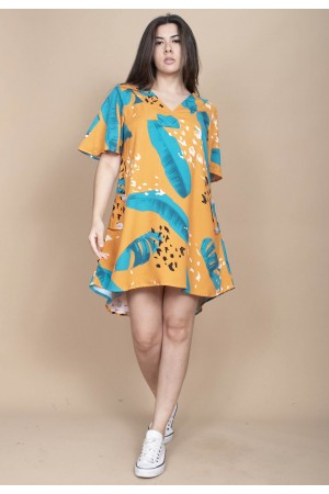 Vestido Curto Pataxô Viscose Mullet Decote V Estampa Aurora Botânica
