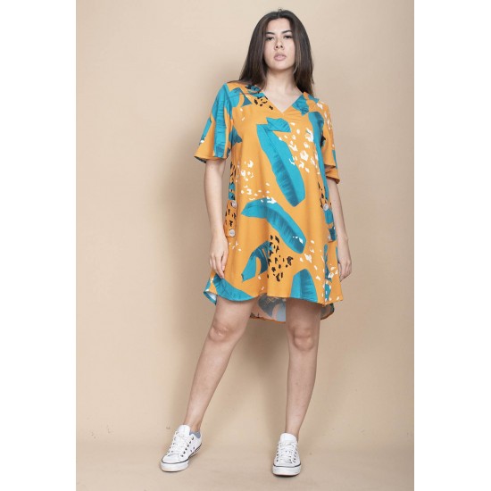 Vestido Curto Pataxô Viscose Mullet Decote V Estampa Aurora Botânica