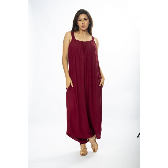 Macacão Saruel Viscose Alça com Elástico Bordô