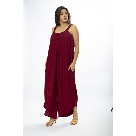 Macacão Saruel Viscose Alça com Elástico Bordô