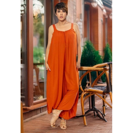 Macacão Saruel Viscose Alça com Elástico Terracota