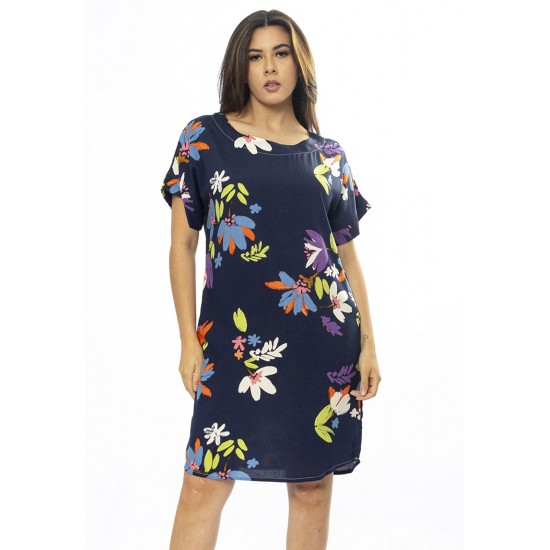 Vestido Curto Viscose com Bolso Estampa Festa das Flores Azul