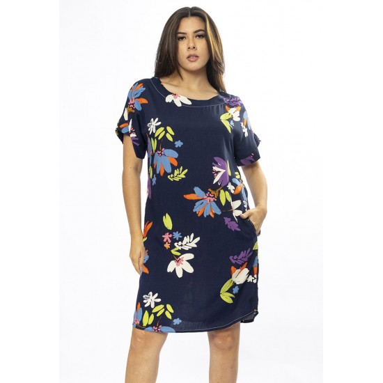 Vestido Curto Viscose com Bolso Estampa Festa das Flores Azul