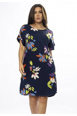 Vestido Curto Viscose com Bolso Estampa Festa das Flores Azul